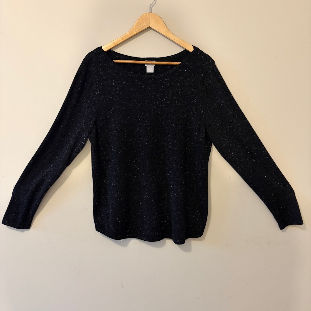 Chico's Metallic Shimmer Knit Top Black Size L Cashmere Blend Long Sleeve